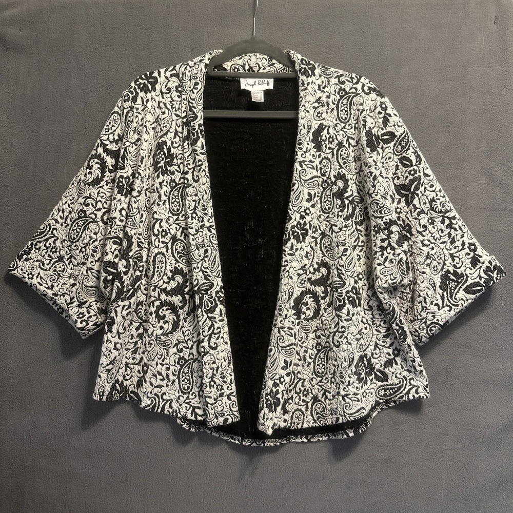 Joseph Ribkoff‎ Cover Up Open Jacket 3/4 Sleeve Size 10 Black White Paisley